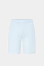 Frontansicht der pastellblauen 04651/ A trip in a bag Frottee-Shorts 'Terry' aus weichem Baumwoll-Frottee mit elastischem Bund und Taschen.