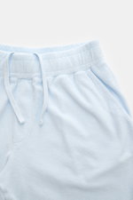 04651/ A trip in a bag Frottee-Shorts 'Terry' pastellblau, weicher Baumwoll-Frottee, Regular Fit, elastischer Bund mit Tunnelzug, französische Taschen, Detailfoto von oben.