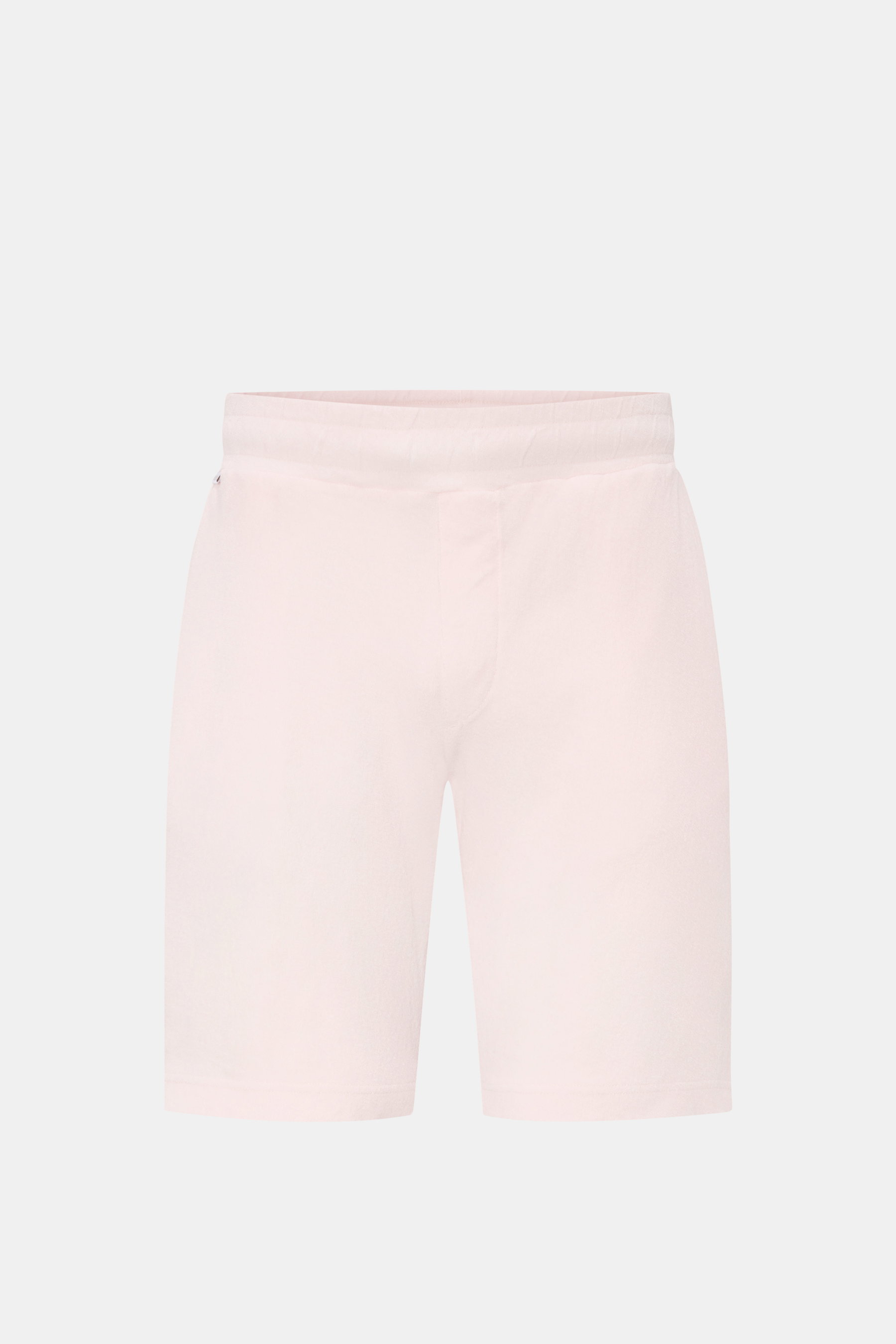 Frontale Nahaufnahme der 04651/ A trip in a bag Frottee-Shorts 'Terry' rosé aus weichem, reiner Baumwoll-Frottee, Regular Fit mit elastischem Bund, französischen Taschen und Leistentasche am Gesäß.
