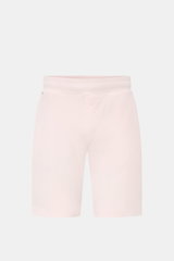 Frontale Nahaufnahme der 04651/ A trip in a bag Frottee-Shorts 'Terry' rosé aus weichem, reiner Baumwoll-Frottee, Regular Fit mit elastischem Bund, französischen Taschen und Leistentasche am Gesäß.