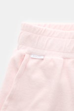 04651/ A trip in a bag Frottee-Shorts 'Terry' rosé, Nahaufnahme von elastischem Bund, Tunnelzug, französischer Tasche und kleinem Weblabel.