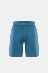 04651/ A trip in a bag Sweat-Shorts petrol, frontal fotografiert, aus elastischer Baumwolle mit elastischem Bund, softem Griff, Regular Fit und angedeutetem Eingriff.