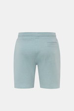 Rückansicht der 04651/ A trip in a bag Sweat-Shorts 'CL' rauchblau aus Bio-Baumwolle und Leinen mit elastischem Bund, Tunnelzug, Taschen und weichem Griff.