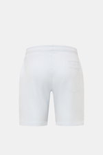 Rückansicht der pastellblauen 04651/ A trip in a bag Sweat-Shorts 'CL' aus Bio-Baumwolle und Leinen mit elastischem Bund, Tunnelzug und Taschen.