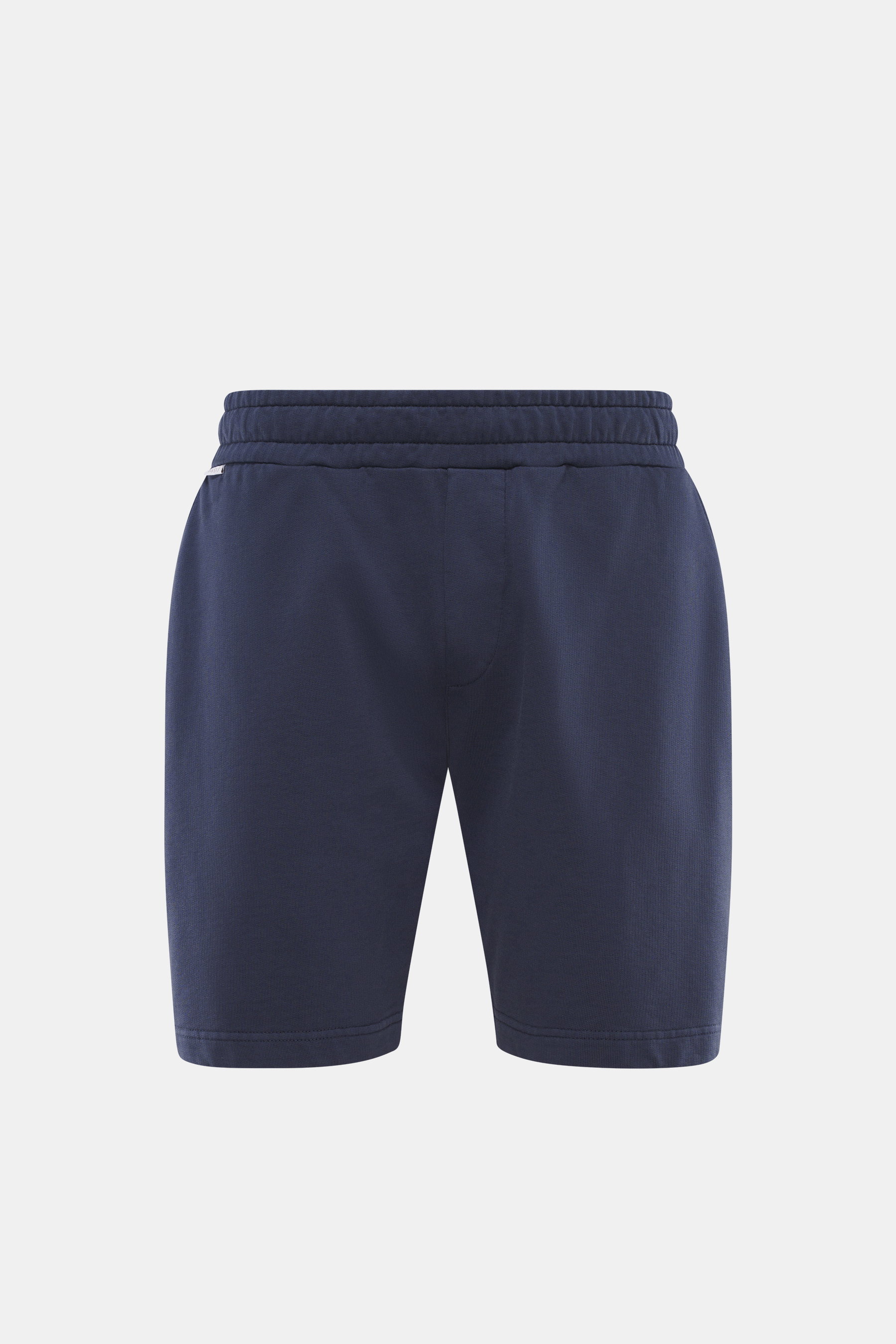 Front view of 04651/ A trip in a bag Sweatshorts 'Studio' navy in heavy quality pure cotton sweatshirt fabric, slim fit, soft feel, elastic waistband with drawstring, suggested fly, French pockets, welt pocket on back, small woven label.