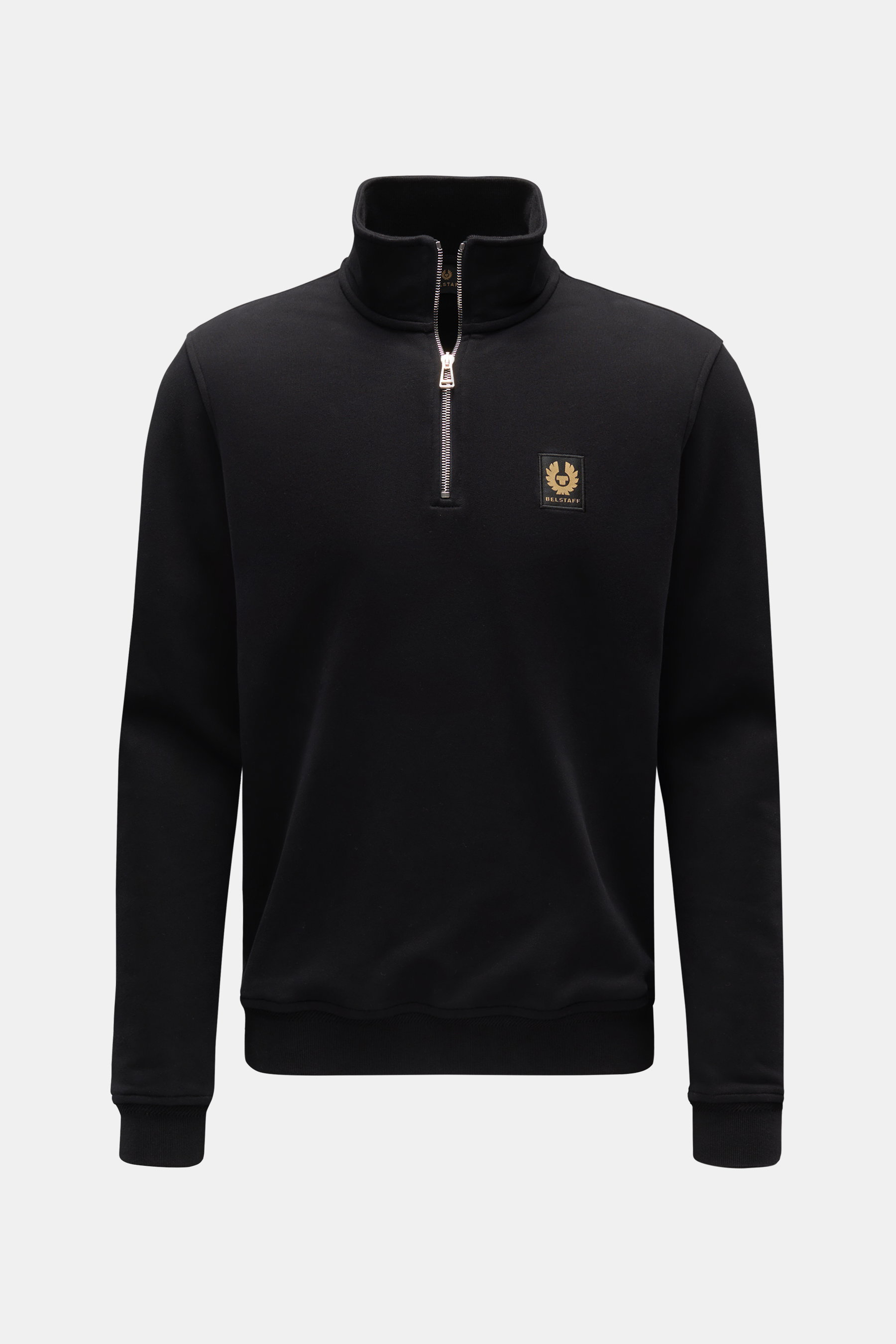Belstaff Sweat-Troyer 'Quarter Zip' schwarz, frontal fotografiert, Slim Fit, Baumwolle, weicher Griff, Troyer-Kragen mit Reißverschluss, BELSTAFF-Weblabel, flexible Rippbündchen.