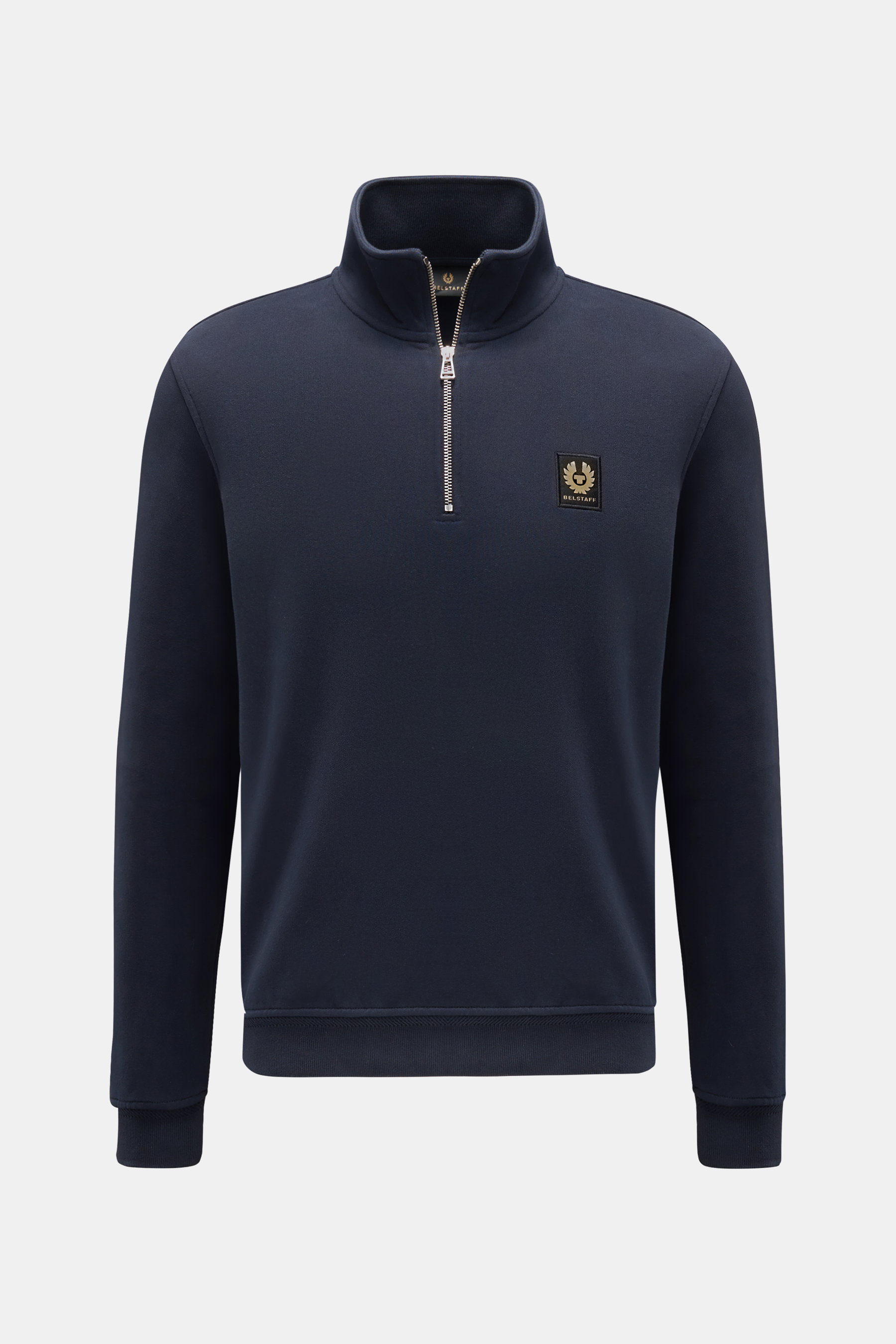 Belstaff Sweat-Troyer 'Quarter Zip' navy, frontale Ansicht, Slim Fit, Baumwolle, weicher Griff, Troyer-Kragen mit Reißverschluss, BELSTAFF-Weblabel, flexible Rippbündchen.