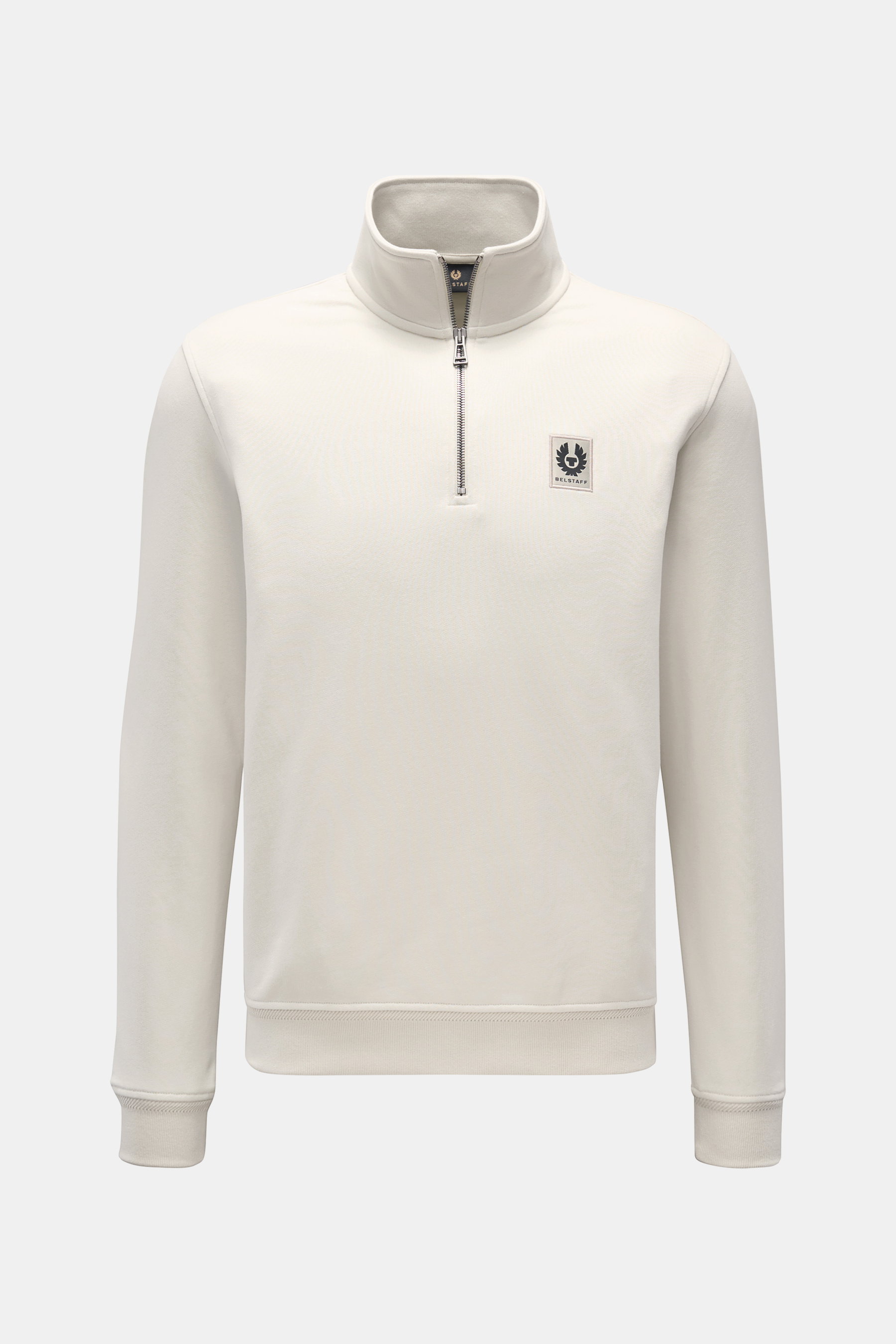 Belstaff Sweat-Troyer 'Quarter Zip' creme, Frontansicht, Slim Fit, Baumwolle, weicher Griff, Troyer-Kragen mit Reißverschluss, BELSTAFF-Weblabel, flexible Rippbündchen.