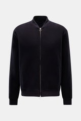 Frontale Nahaufnahme des 04651/ A trip in a bag Blouson navy mit samtiger Fleece-Textur, Woll-Baumwollmix, Slim Fit, Reißverschluss und Rippkragen.