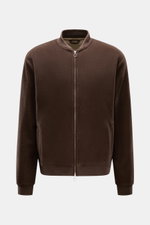 Front view of the 04651/ A trip in a bag Blouson dunkelbraun, a slim fit dark brown blouson with a soft fleece texture made from a wool-cotton blend, featuring a two-way zipper, ribbed collar and cuffs, piped front pockets, jersey inner lining, two inner 
