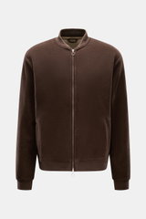Front view of the 04651/ A trip in a bag Blouson dunkelbraun, a slim fit dark brown blouson with a soft fleece texture made from a wool-cotton blend, featuring a two-way zipper, ribbed collar and cuffs, piped front pockets, jersey inner lining, two inner 