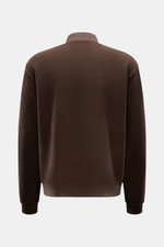 Rear view of the 04651/ A trip in a bag Blouson dunkelbraun in dark brown, featuring a soft fleece texture made from a wool-cotton blend, rib-knit collar and cuffs, shown from the back on a plain background.

Additional description:
<p>Lässig durch die Üb