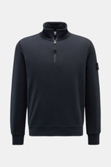 Front view of Stone Island Sweat-Troyer 'Basic Sweat' navy half-zip sweatshirt, pure cotton, soft touch, regular fit, troyer collar with zipper, compass badge on upper arm, flexible ribbed cuffs, sporty essential for urban looks.