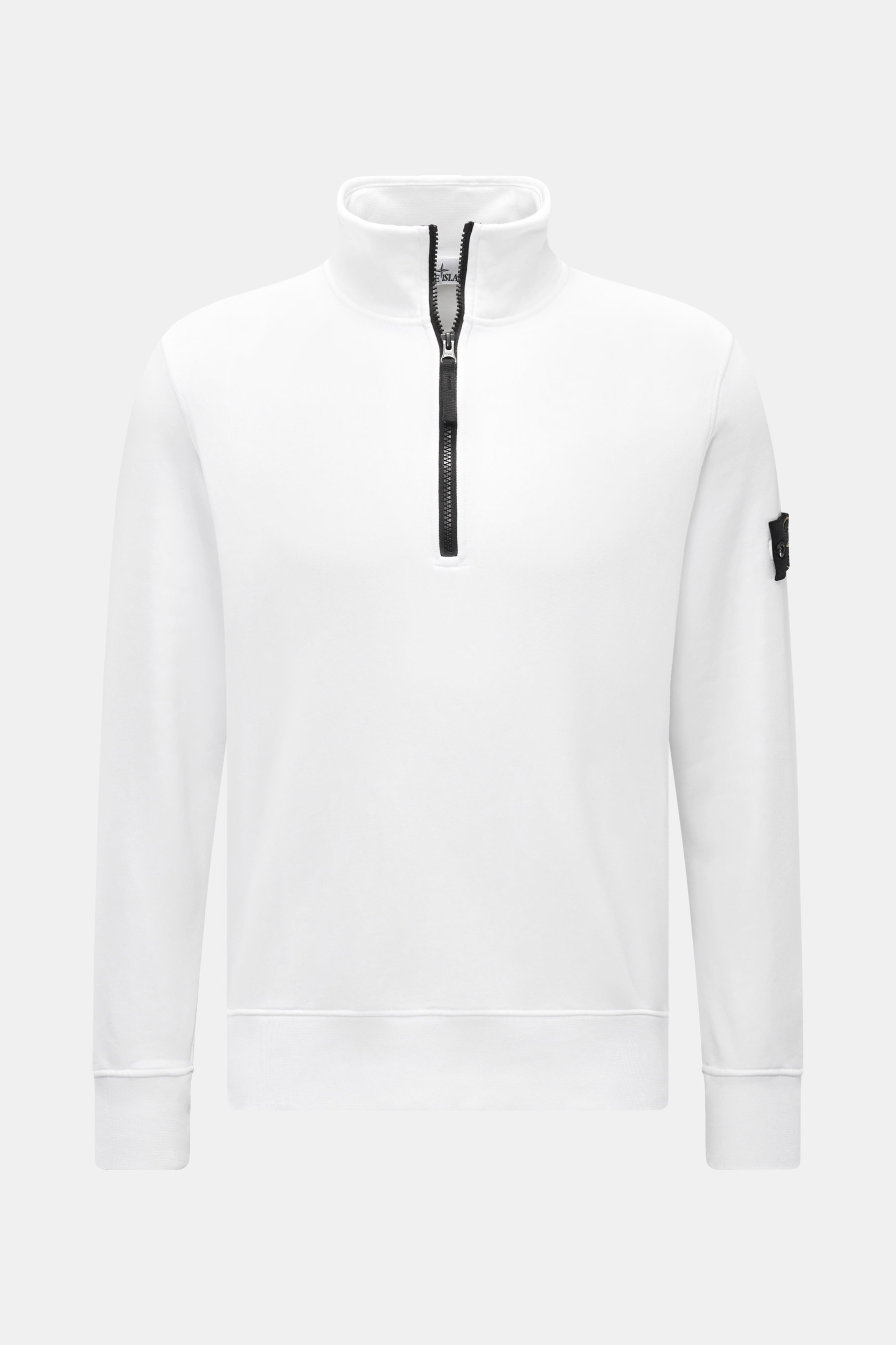 Stone Island Half-zip sweatshirt 'Basic Sweat' white shown from front, featuring troyer collar, zipper, compass badge on arm, pure cotton.