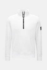 Stone Island Half-zip sweatshirt 'Basic Sweat' white shown from front, featuring troyer collar, zipper, compass badge on arm, pure cotton.