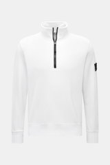 Stone Island Half-zip sweatshirt 'Basic Sweat' white shown from front, featuring troyer collar, zipper, compass badge on arm, pure cotton.
