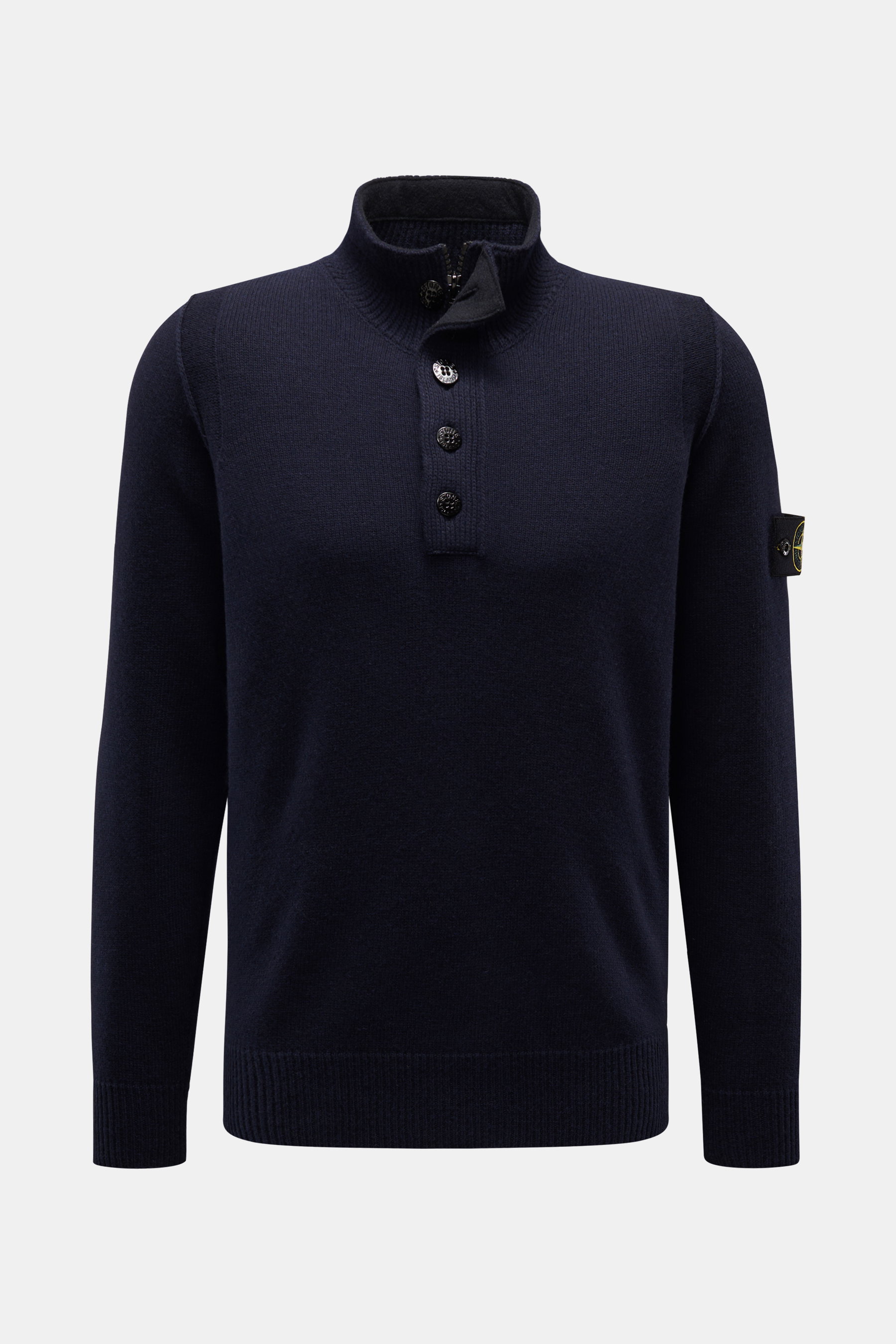 Stone Island Half-zip jumper 'Lambswool' navy shown from front, slim fit wool blend knitwear with half-zip collar, embossed buttons, ribbed bands, and compass badge on sleeve. A stylish essential for colder months, featuring soft, medium-fine knit with co