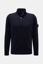 Stone Island Half-zip jumper 'Lambswool' navy shown from front, slim fit wool blend knitwear with half-zip collar, embossed buttons, ribbed bands, and compass badge on sleeve. A stylish essential for colder months, featuring soft, medium-fine knit with co