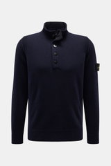 Stone Island Half-zip jumper 'Lambswool' navy shown from front, slim fit wool blend knitwear with half-zip collar, embossed buttons, ribbed bands, and compass badge on sleeve. A stylish essential for colder months, featuring soft, medium-fine knit with co
