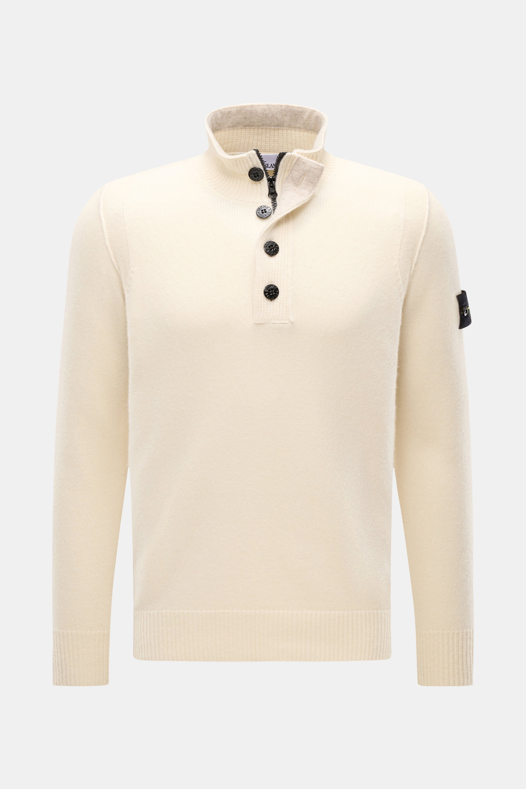 Stone Island Half-zip jumper 'Lambswool' cream shown from the front, slim fit wool blend with half-zip collar, buttons, ribbed bands, and compass badge.