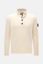 Stone Island Half-zip jumper 'Lambswool' cream shown from the front, slim fit wool blend with half-zip collar, buttons, ribbed bands, and compass badge.