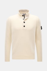 Stone Island Half-zip jumper 'Lambswool' cream shown from the front, slim fit wool blend with half-zip collar, buttons, ribbed bands, and compass badge.