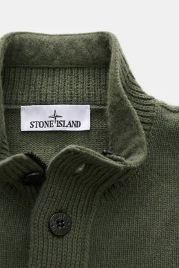 Stone Island Half-zip jumper 'Lambswool' olive shown from above, highlighting half-zip collar with embossed buttons and textured knitwear.