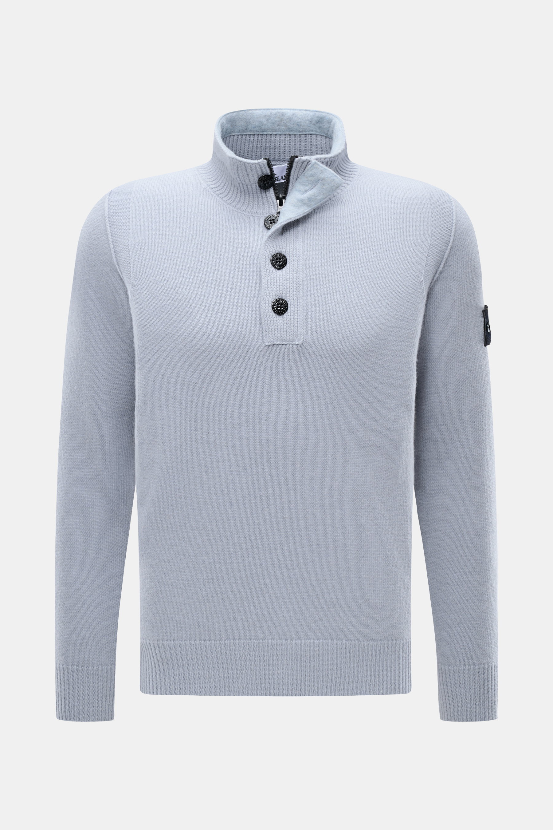 Stone Island Half-zip jumper 'Lambswool' smoky blue shown front view, slim fit knitwear in wool blend with zip, embossed buttons, compass badge.