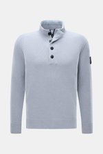 Stone Island Half-zip jumper 'Lambswool' smoky blue shown front view, slim fit knitwear in wool blend with zip, embossed buttons, compass badge.