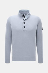 Stone Island Half-zip jumper 'Lambswool' smoky blue shown front view, slim fit knitwear in wool blend with zip, embossed buttons, compass badge.