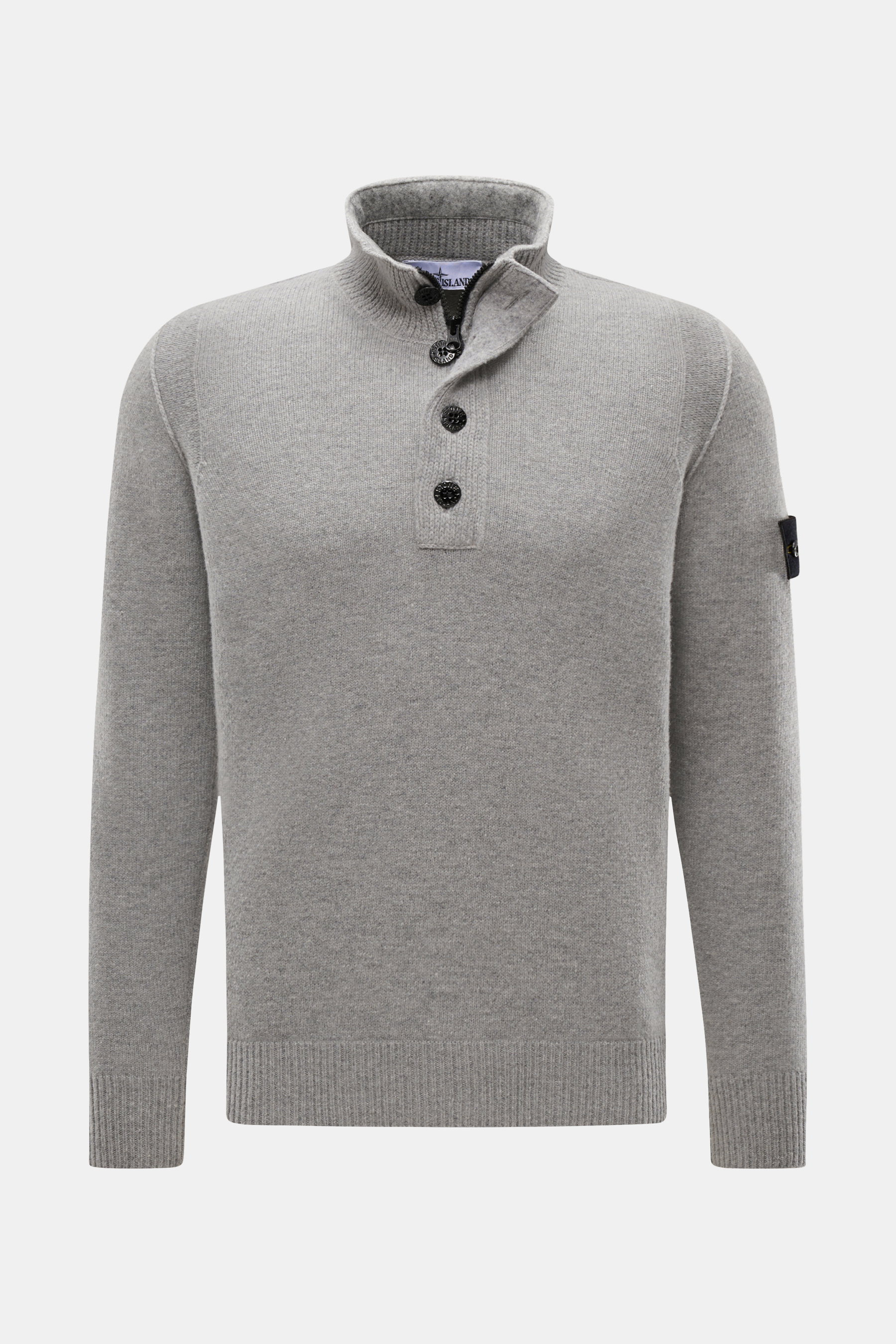 Stone Island Half-zip jumper 'Lambswool' grey melange shown from front, slim fit wool blend knitwear with half-zip collar, buttons, ribbed bands, and compass badge. 

<p>A stylish essential for the colder months: This timeless half-zip jumper by STONE ISL