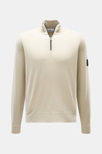 Stone Island Half-Zip Jumper beige front view, slim fit with ribbed collar zipper, elastic hem, compass badge, virgin wool microfiber, soft touch fine knit.
