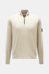Stone Island Half-Zip Jumper beige front view, slim fit with ribbed collar zipper, elastic hem, compass badge, virgin wool microfiber, soft touch fine knit.