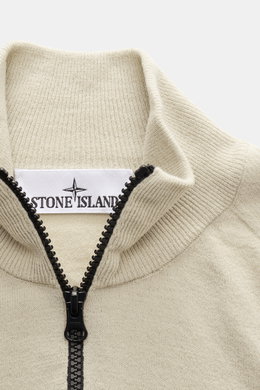 Stone Island Half-Zip Jumper beige shown from top front, featuring ribbed collar with zipper, fine knit pattern, and soft virgin wool blend.