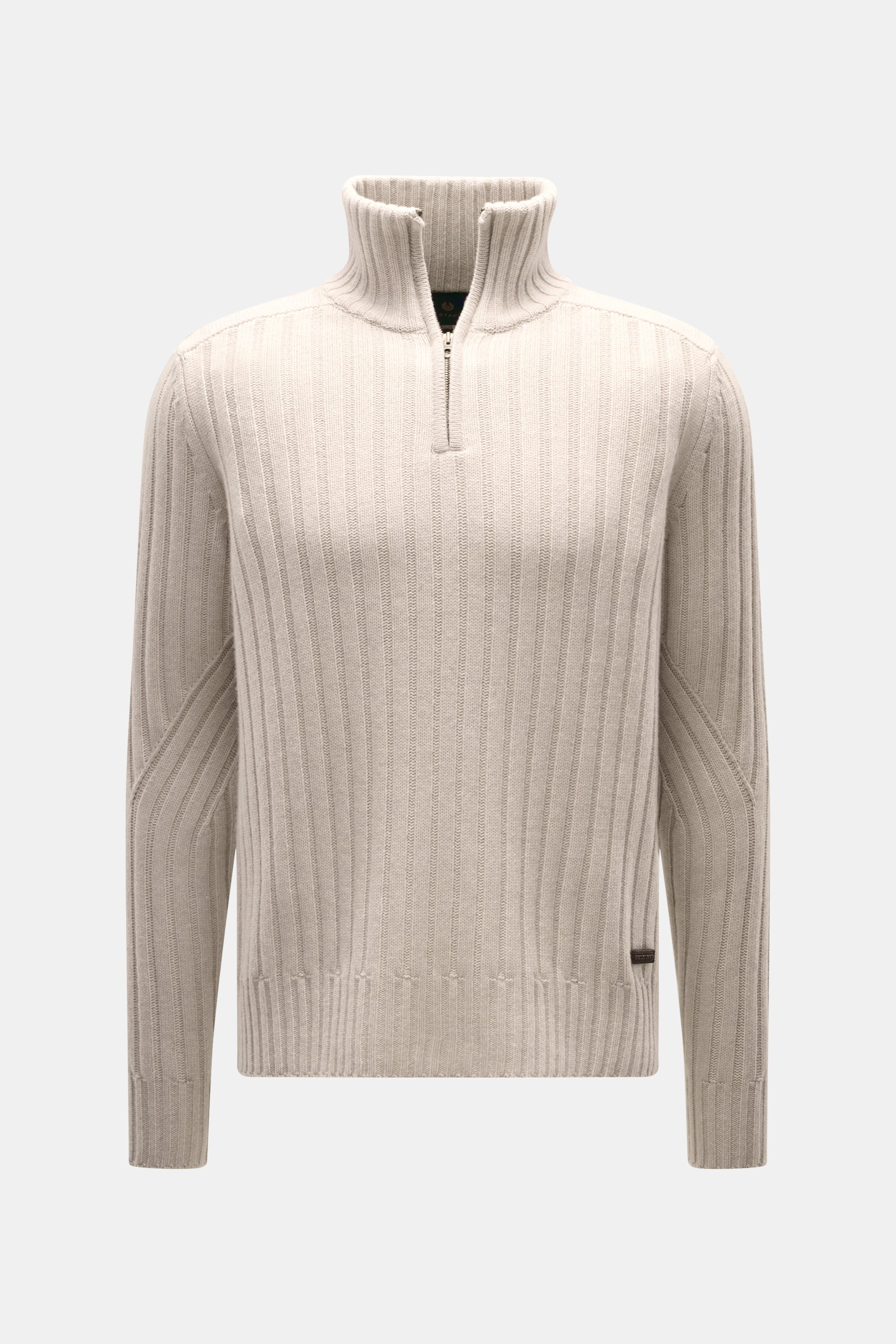 Front view of Belstaff Troyer 'Lincoln' beige rib knit wool sweater with cashmere, troyer collar zipper, regular fit, and BELSTAFF label.

Description: <p>The soft Troyer 'Lincoln' is made from wool with a smooth cashmere content and is part of the 'Phoen