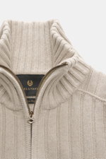 Belstaff Troyer 'Lincoln' beige shown from a close-up front perspective, highlighting the rib knit wool with cashmere, soft feel, fine knit pattern, regular fit, Troyer collar with zipper, BELSTAFF label on hem, and flexible ribbed cuffs. 

<p>The soft Tr