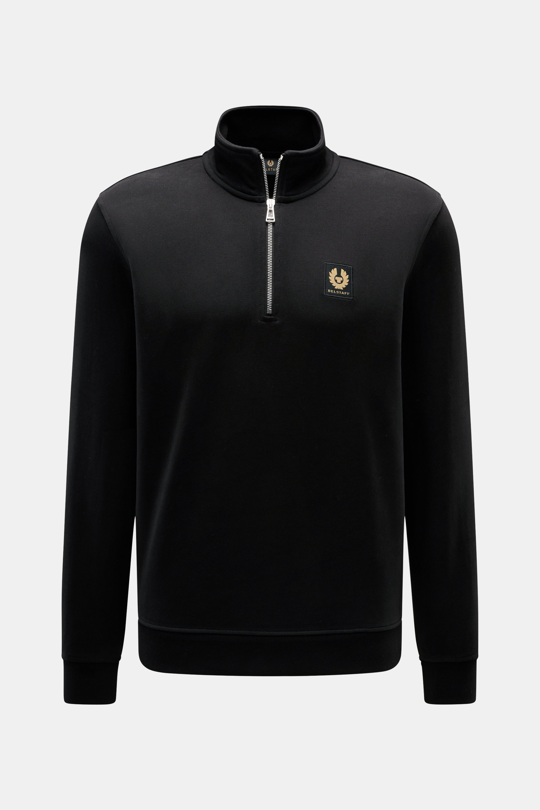 Belstaff Sweat-Troyer 'Quarter Zip' schwarz, frontal fotografiert, Slim Fit, Baumwolle, weicher Griff, Troyer-Kragen mit Reißverschluss, BELSTAFF-Weblabel, flexible Rippbündchen.