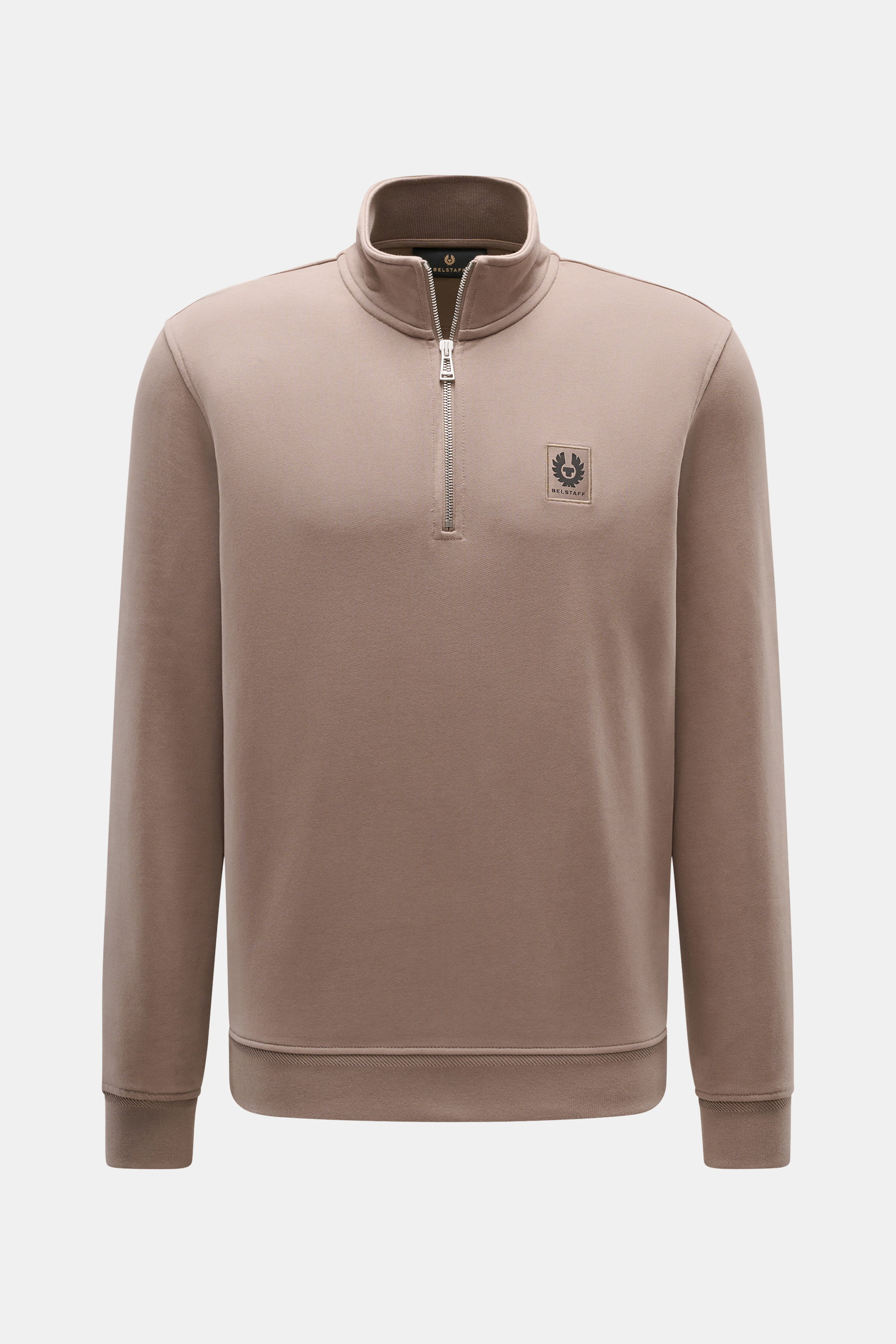 Belstaff Sweat-Troyer 'Quarter Zip' taupe, Frontansicht, Slim Fit, Sweat aus Baumwolle, weicher Griff, Troyer-Kragen mit Reißverschluss, BELSTAFF-Weblabel, flexible Rippbündchen.
