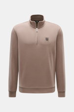 Front view of Belstaff Sweat half-zip jumper 'Quarter Zip' taupe in soft cotton sweat fabric, slim fit, half-zip collar, BELSTAFF woven label on chest, flexible ribbed bands.