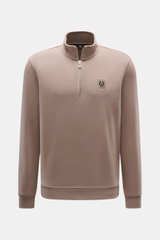Front view of Belstaff Sweat half-zip jumper 'Quarter Zip' taupe in soft cotton sweat fabric, slim fit, half-zip collar, BELSTAFF woven label on chest, flexible ribbed bands.