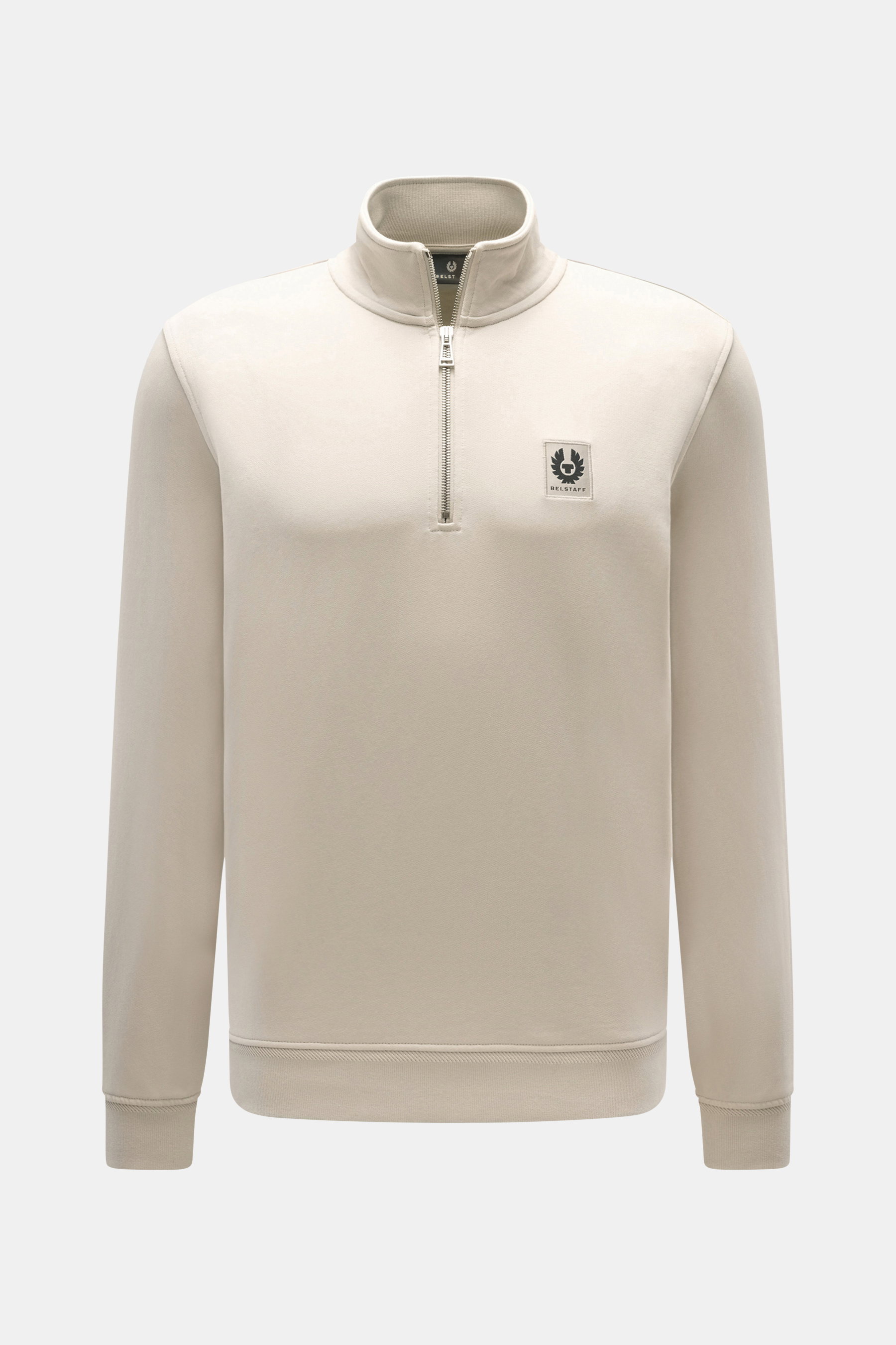 Belstaff Sweat-Troyer "Quarter Zip" beige, frontal fotografiert, Sweat aus Baumwolle, weicher Griff, Slim Fit, Troyer-Kragen mit Reißverschluss, BELSTAFF-Weblabel auf Brust, flexible Rippbündchen.