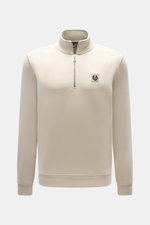 Front view of Belstaff Sweat half-zip jumper 'Quarter Zip' beige, slim fit with soft cotton sweat fabric, half-zip collar, BELSTAFF woven label on chest, and flexible ribbed bands.