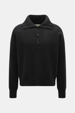 Front view of Ami Paris Merino sweater black, made of pure merino wool with soft feel, regular fit, troyer collar with 5-button placket, back yoke with logo patch, and comfortable ribbed cuffs.