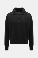 Front view of Ami Paris Merino sweater black, made of pure merino wool with soft feel, regular fit, troyer collar with 5-button placket, back yoke with logo patch, and comfortable ribbed cuffs.