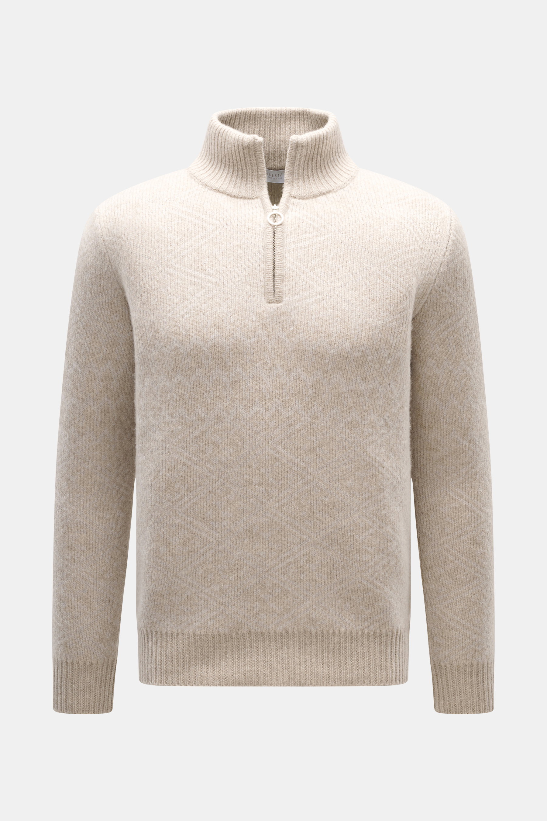 Vorderansicht des 04651/ A trip in a bag Troyer 'Shadow Norwegian' beige gemustert mit Slim Fit, Troyer-Kragen, Reißverschluss, voluminöser Schurwoll-Cashmere-Mischung, tonalem Norweger-Strickmuster, mittelfeinem Strickbild, weichem Griff und komfortablen