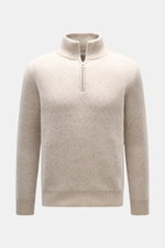 Vorderansicht des 04651/ A trip in a bag Troyer 'Shadow Norwegian' beige gemustert mit Slim Fit, Troyer-Kragen, Reißverschluss, voluminöser Schurwoll-Cashmere-Mischung, tonalem Norweger-Strickmuster, mittelfeinem Strickbild, weichem Griff und komfortablen