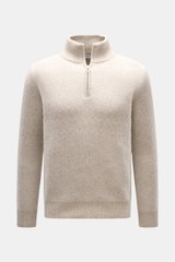 Vorderansicht des 04651/ A trip in a bag Troyer 'Shadow Norwegian' beige gemustert mit Slim Fit, Troyer-Kragen, Reißverschluss, voluminöser Schurwoll-Cashmere-Mischung, tonalem Norweger-Strickmuster, mittelfeinem Strickbild, weichem Griff und komfortablen