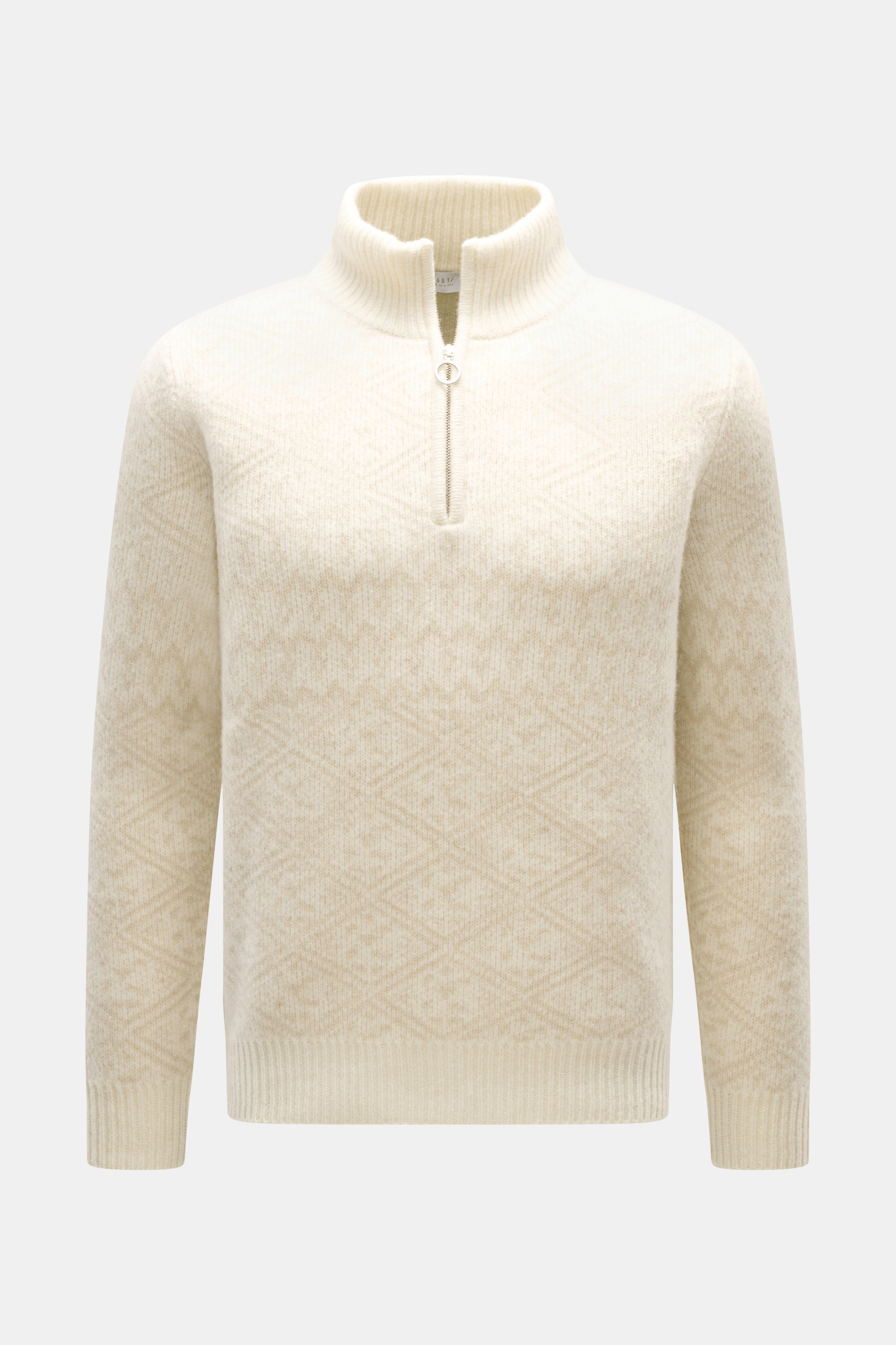 Frontansicht des 04651/ A trip in a bag Troyer 'Shadow Norwegian' creme gemustert mit Troyer-Kragen, Reißverschluss, Slim Fit, voluminöser Qualität, weichem Griff, mittelfeinem Strickbild, tonalem Norweger-Strickmuster und komfortablen Rippbündchen aus ei