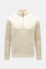 Frontansicht des 04651/ A trip in a bag Troyer 'Shadow Norwegian' creme gemustert mit Troyer-Kragen, Reißverschluss, Slim Fit, voluminöser Qualität, weichem Griff, mittelfeinem Strickbild, tonalem Norweger-Strickmuster und komfortablen Rippbündchen aus ei