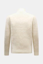 Rückansicht des 04651/ A trip in a bag Troyer 'Shadow Norwegian' creme gemusterten Slim Fit Troyers, voluminös mit tonalem Norweger-Strickmuster, mittelfein, weich, mit Troyer-Kragen, Reißverschluss und komfortablen Rippbündchen, aus Schurwolle und Cashme